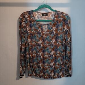 Blue and Brown 3/4 Sleeve Floral Blouse